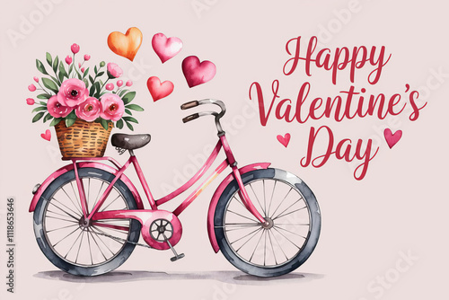 Watercolor illustration of a pink bicycle with a basket of flowers and hearts. Holiday card for Valentine's Day. Concept of a love valentine card