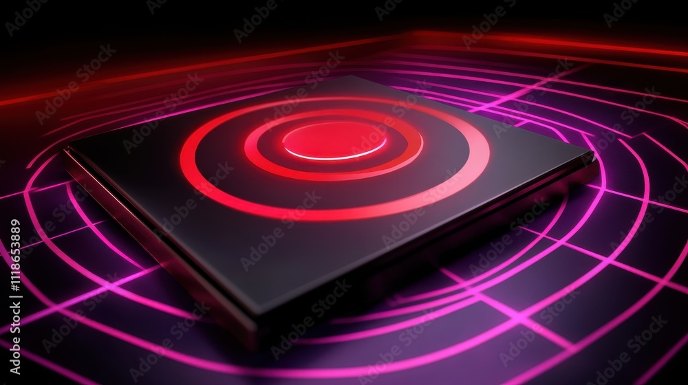 Futuristic technology chip with glowing red circles. Futuristic technology chip with glowing red circles.