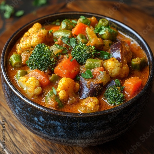 Hearty vegetable stew with broccoli, carrots, okra, eggplant, and cauliflower in rustic bowl photo