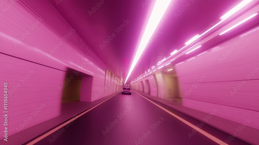 Futuristic tunnel with vibrant pink neon lights and a car driving through. Futuristic tunnel with vibrant pink neon lights and a car driving through.