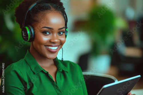 An African woman call center agent, wearing a green blouse, smiling brightly while using a headset and laptop for customer service. Ideal for stock use in tech, communication, and professional settin photo