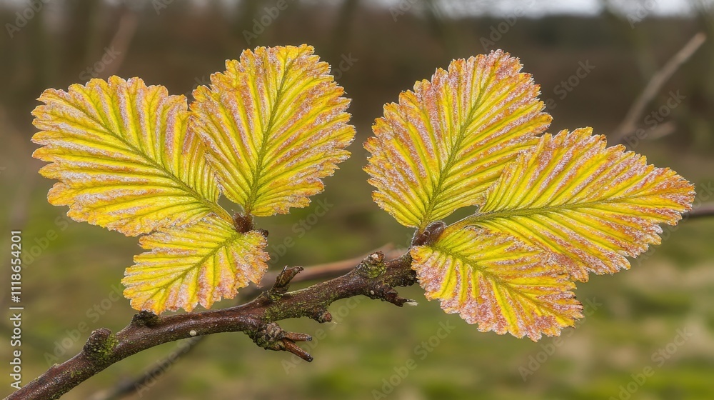 Close-up of two new, vibrant yellow-and-pinkish spring leaves on a branch. Close-up of two new, vibrant yellow-and-pinkish spring leaves on a branch.