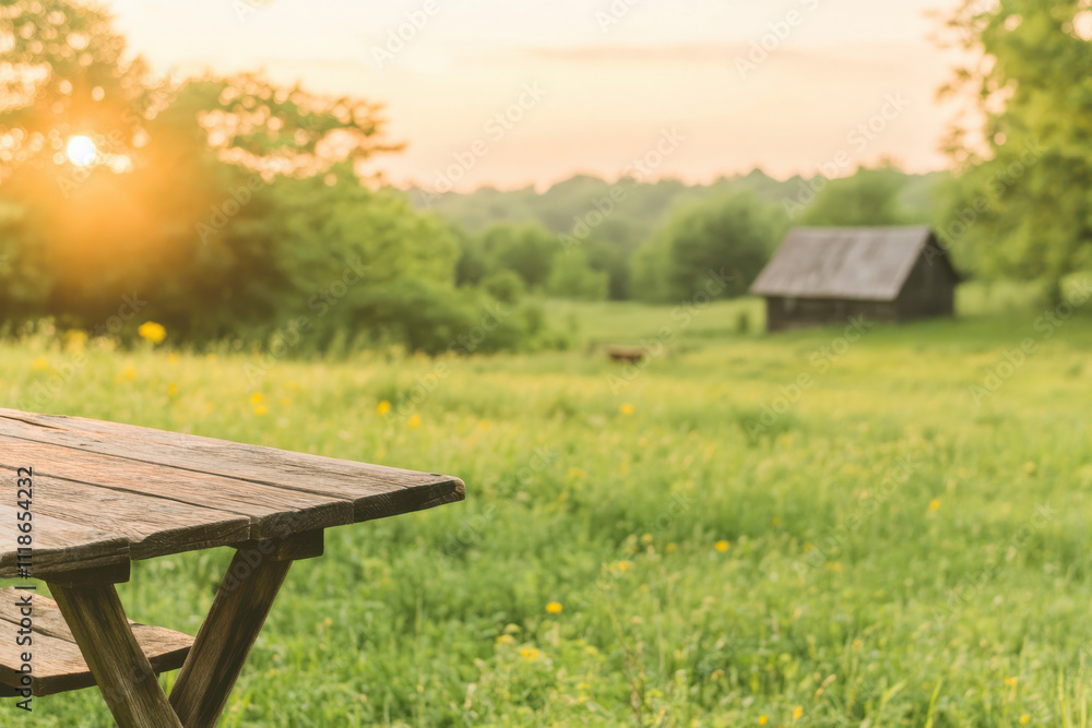 A wooden picnic table sits in a grassy field with a barn in the background A wooden picnic table sits in a grassy field with a barn in the background
