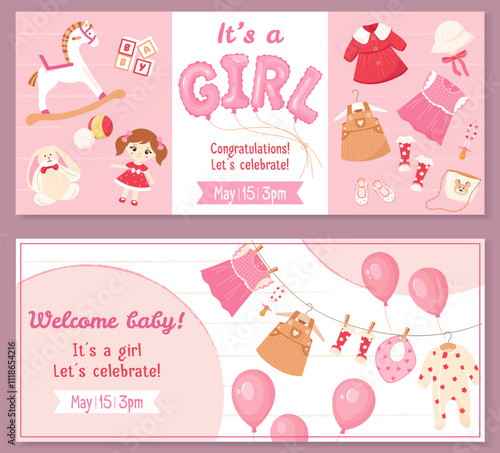 Horizontal banner design with plush toys, doll, clothes. Gender reveal party banner element 'Girl' pink helium balloons. Ideal for baby shower invitations, cards and party decor Festive vector design