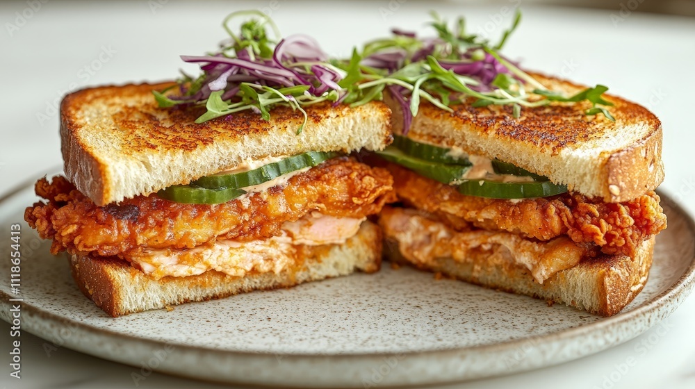 A delicious fried chicken sandwich with toppings on toasted bread. A delicious fried chicken sandwich with toppings on toasted bread.