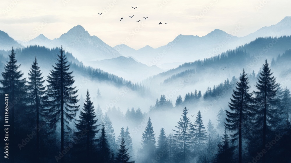 Obraz premium Mist-covered mountains with evergreen trees