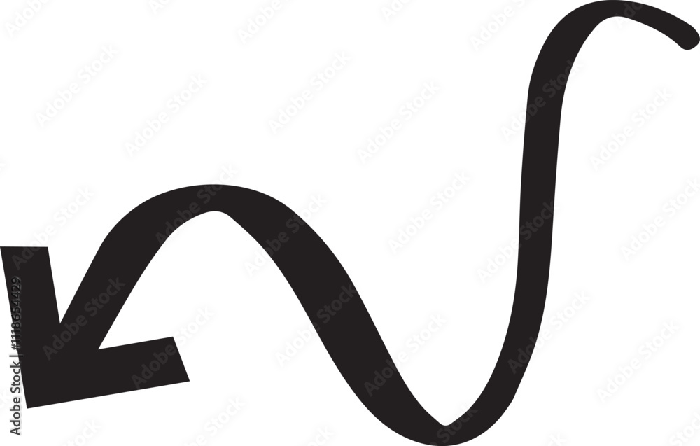 Black arrow pointing down and left with a wavy line, creating a hand drawn effect, perfect for highlighting directions or adding a touch of whimsy to designs Black arrow pointing down and left with a wavy line, creating a hand drawn effect, perfect for highlighting directions or adding a touch of whimsy to designs