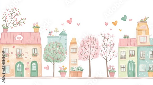Charming urban street design showcases springtime with buildings adorned with flower pots and blooming trees in pastel colors. Generative AI