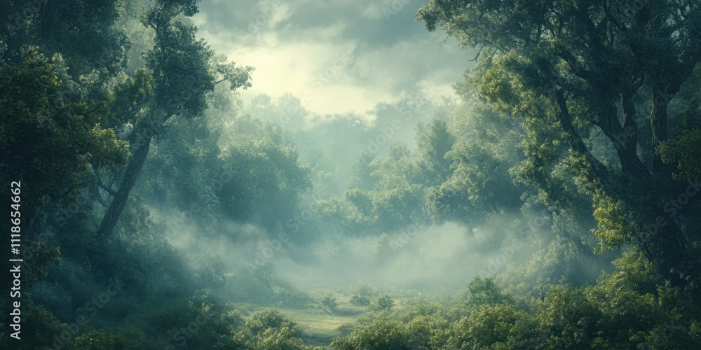 Misty enchanted forest landscape with pine trees Misty enchanted forest landscape with pine trees