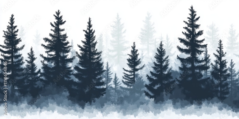 Fototapeta premium Misty evergreen forest silhouette in monochrome