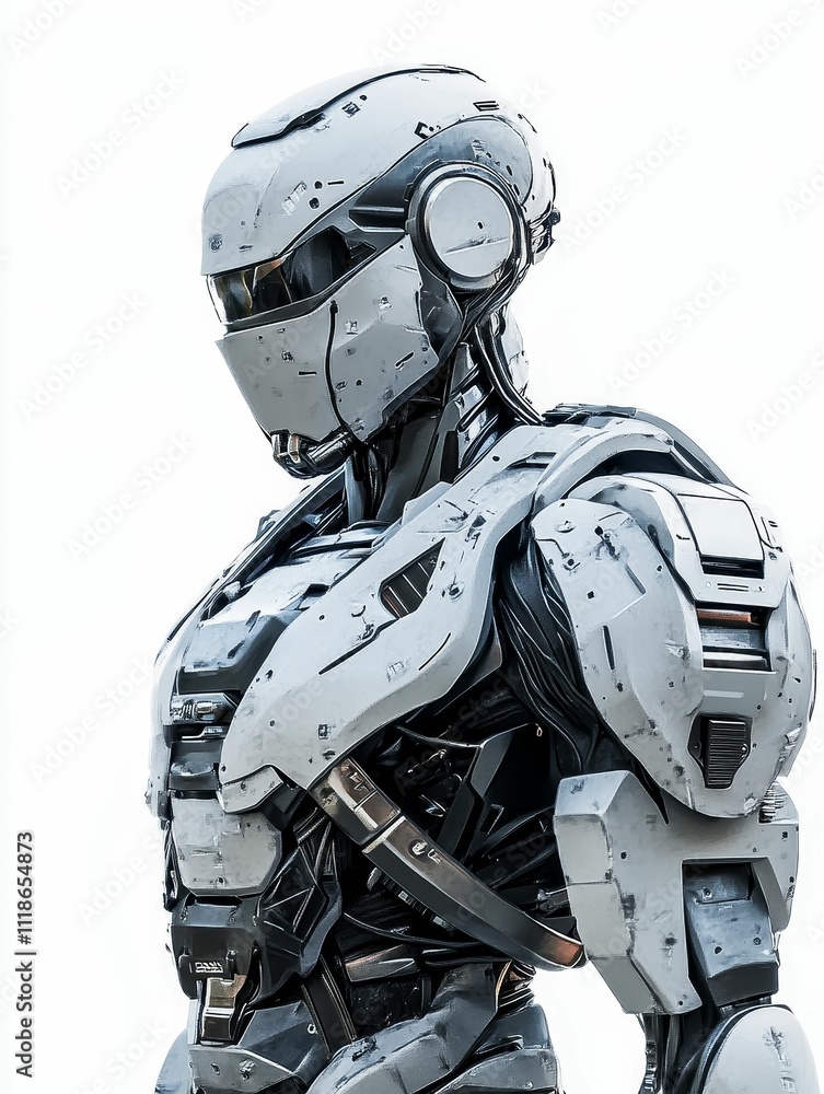Grey robotic figure, futuristic armor, detailed design. Grey robotic figure, futuristic armor, detailed design.
