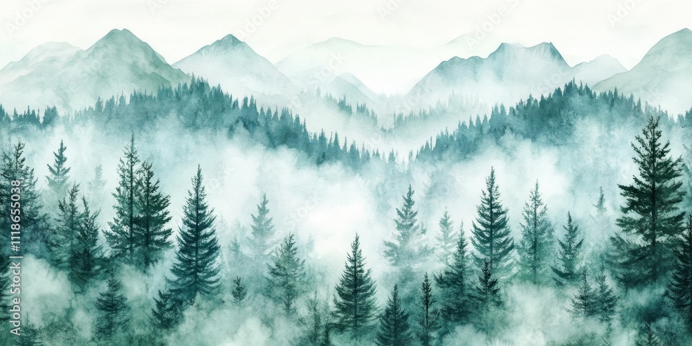 Fototapeta premium Misty forest landscape in watercolor