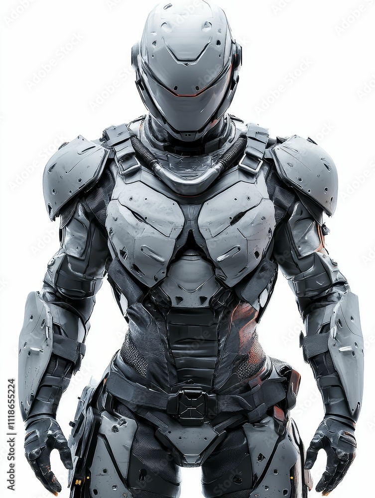 Futuristic armored figure, gray, black, helmet. Futuristic armored figure, gray, black, helmet.