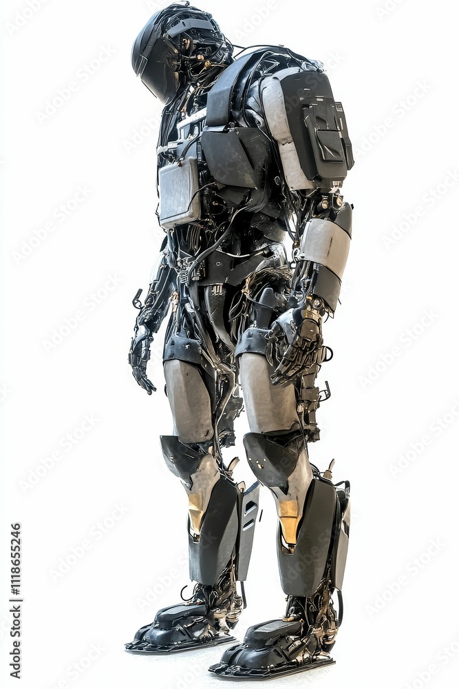 Futuristic robot, complex design, metallic, standing. Futuristic robot, complex design, metallic, standing.