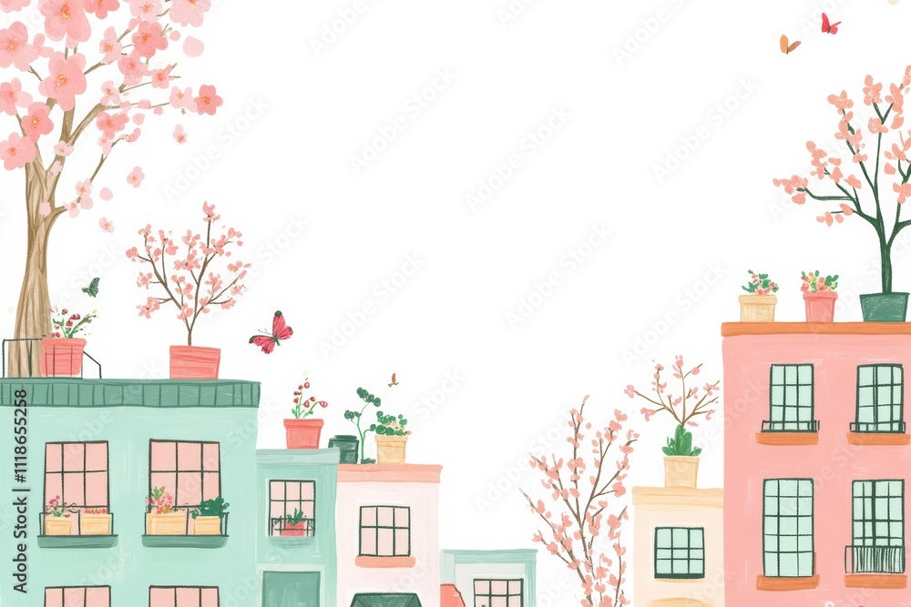 Fototapeta premium Doodle features a vibrant spring city street lined with buildings adorned with flower pots and flowering trees, conveying a sunny atmosphere. Generative AI