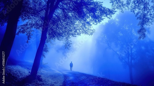 Misty forest path with solitary walker photo