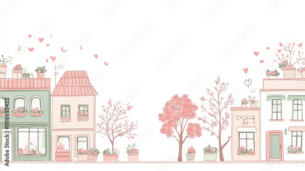 Fototapeta premium A colorful spring city street features charming buildings, flower pots on windows, and trees blooming with flowers, creating a lively atmosphere. Generative AI