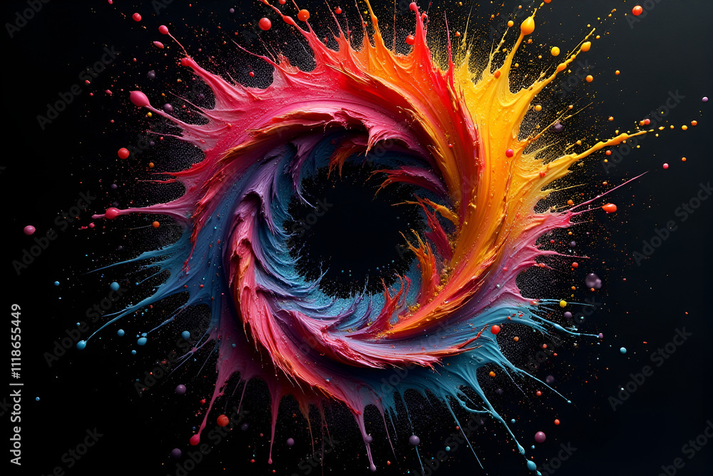 Fantastic spiral explosion colorful liquid paint splatter on black background abstract liquid dynamic ink and smoky texture Fantastic spiral explosion colorful liquid paint splatter on black background abstract liquid dynamic ink and smoky texture