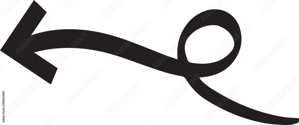 Simple, hand drawn black arrow elegantly curves and loops, creating a visual representation of a winding or indirect path leading to the left Simple, hand drawn black arrow elegantly curves and loops, creating a visual representation of a winding or indirect path leading to the left