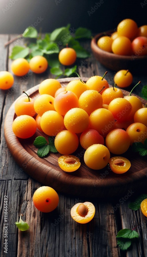 Fresh Mirabelle Plums on a Wooden Plate Fresh Mirabelle Plums on a Wooden Plate