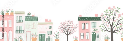 A vibrant spring city street features pastel buildings adorned with flower pots and blooming trees, inviting a cheerful ambiance for visitors. Generative AI photo