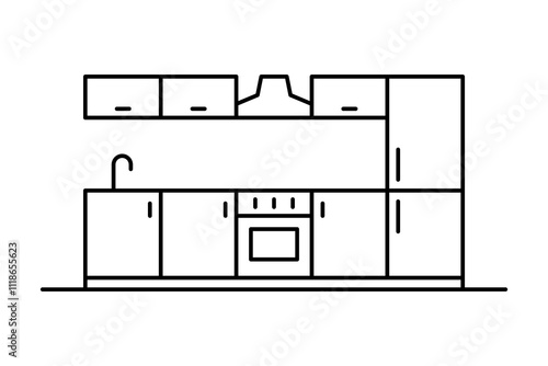 Kitchen set icon. Black outline linear silhouette. Editable strokes. Front view. Vector simple flat graphic illustration. Isolated object on white background. Isolate.