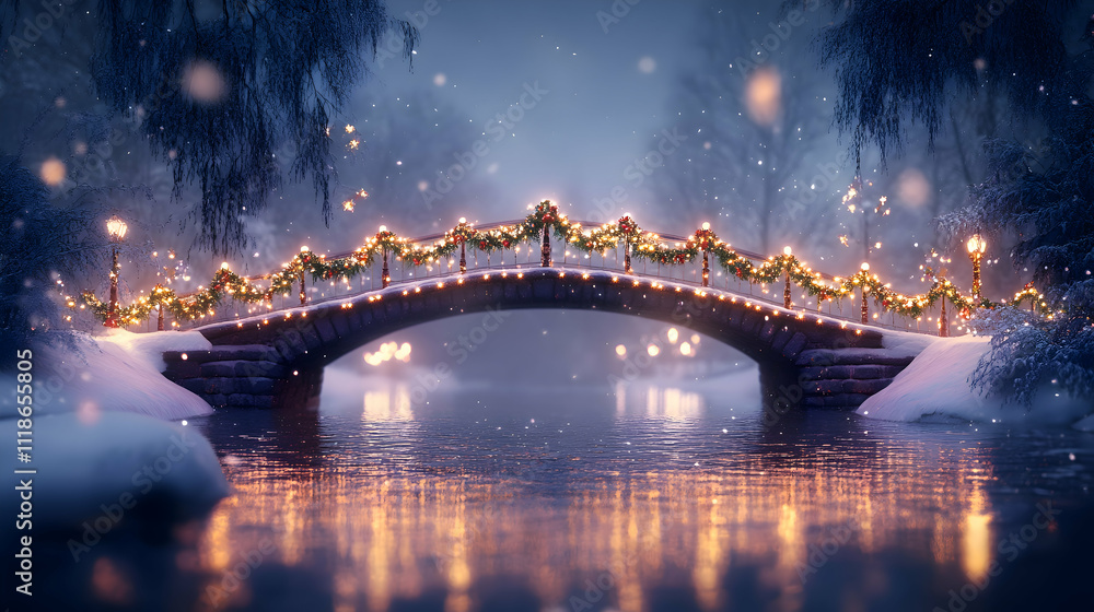 A glowing Christmas bridge decorated with lights and garlands A glowing Christmas bridge decorated with lights and garlands