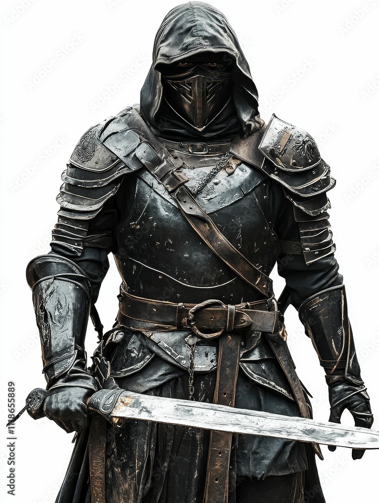 Fototapeta premium Dark armored figure, hooded, wields large sword.
