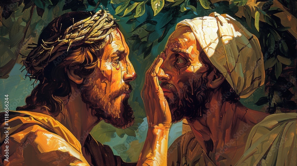Detailed vector of Jesus comforting Mary and Martha at Lazarus' tomb Detailed vector of Jesus comforting Mary and Martha at Lazarus' tomb