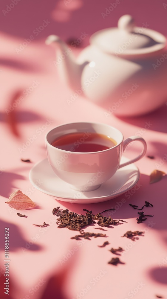 Pink Tea Time: A cup of steaming tea, a porcelain teapot, and loose tea leaves scattered on a soft pink background. Pink Tea Time: A cup of steaming tea, a porcelain teapot, and loose tea leaves scattered on a soft pink background.