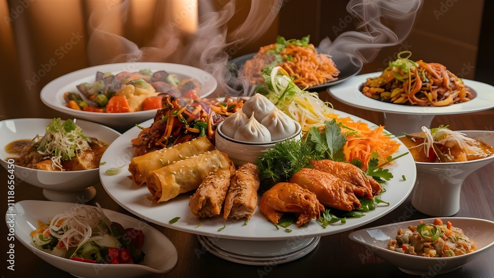 A banquet table filled with various Chinese dishes, showcasing a festive dining experience A banquet table filled with various Chinese dishes, showcasing a festive dining experience