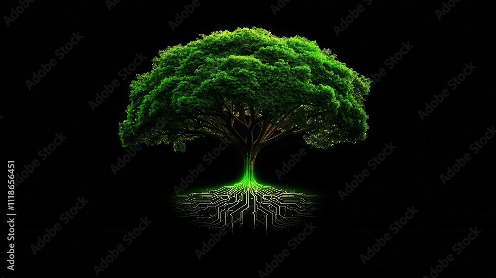 A conceptual art piece where a tree grows upward, its roots forming an intricate glowing circuit board. A conceptual art piece where a tree grows upward, its roots forming an intricate glowing circuit board.