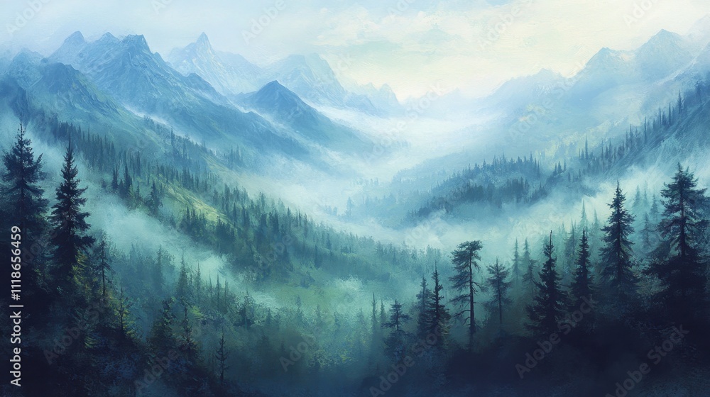 Misty mountains and evergreen forest scene Misty mountains and evergreen forest scene
