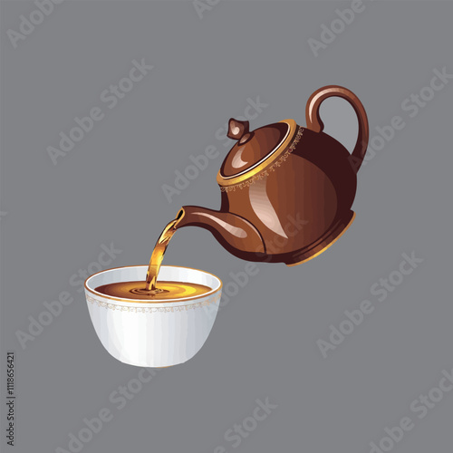 A logo design of a teapot pouring tea into a cup