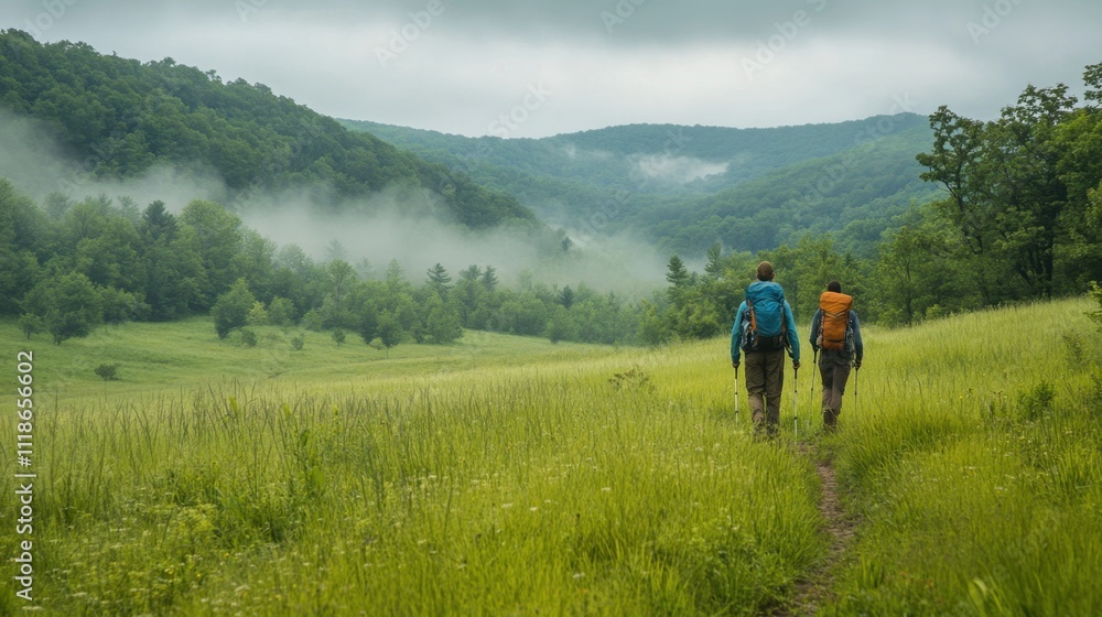 Fototapeta premium Misty mountain trail with colorful hikers