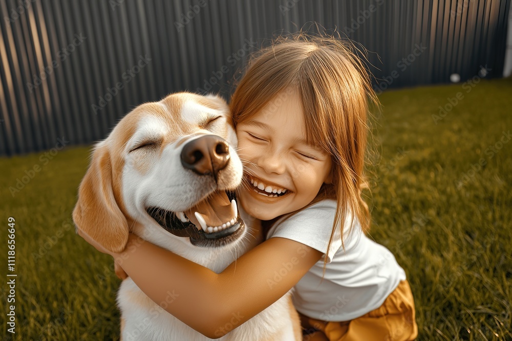 photo of child hugging their dog on grassy backyard during warm sunny afternoon photo of child hugging their dog on grassy backyard during warm sunny afternoon