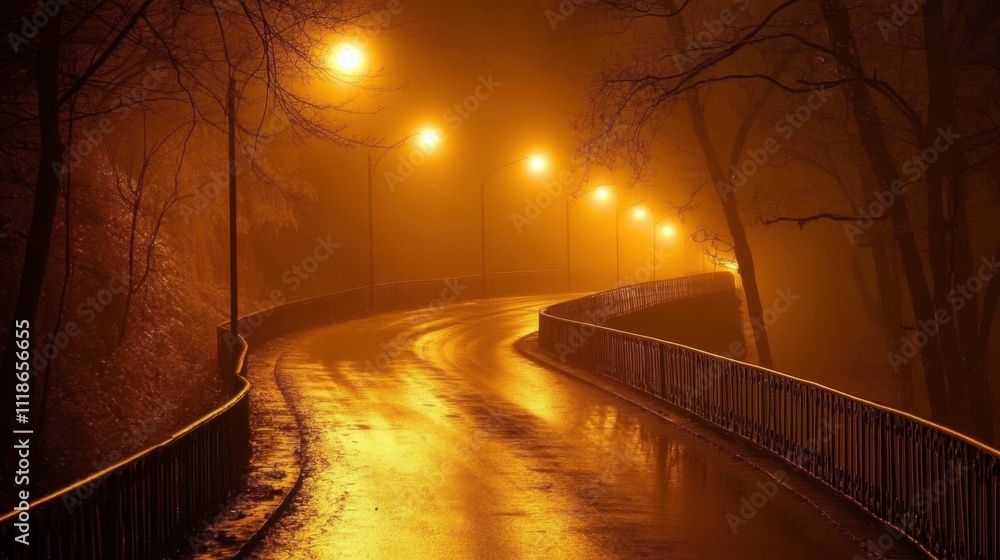 Misty night road with glowing streetlights Misty night road with glowing streetlights