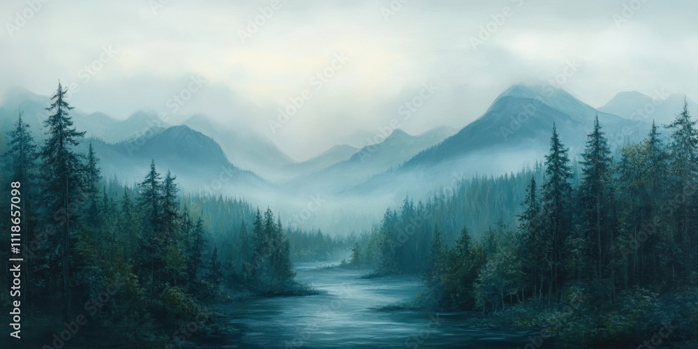 Fototapeta premium Misty river landscape with evergreen forests