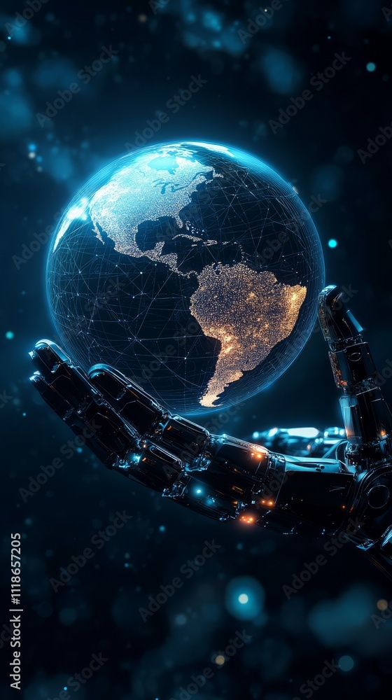 Fototapeta premium Cybernetic Caretaker: A robotic hand, sleek and futuristic, cradles a glowing blue Earth against a backdrop of twinkling stars.