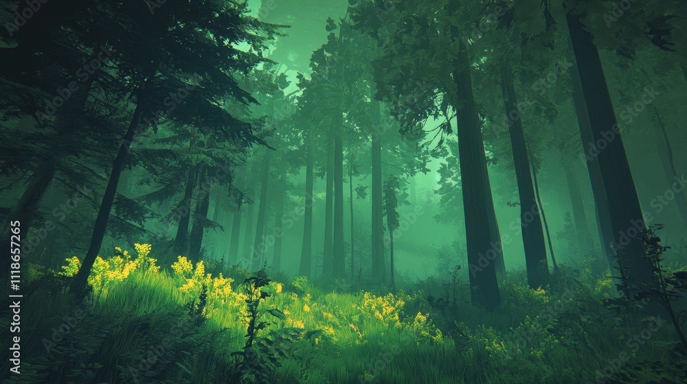 Fototapeta premium Misty serene pine forest with yellow undergrowth