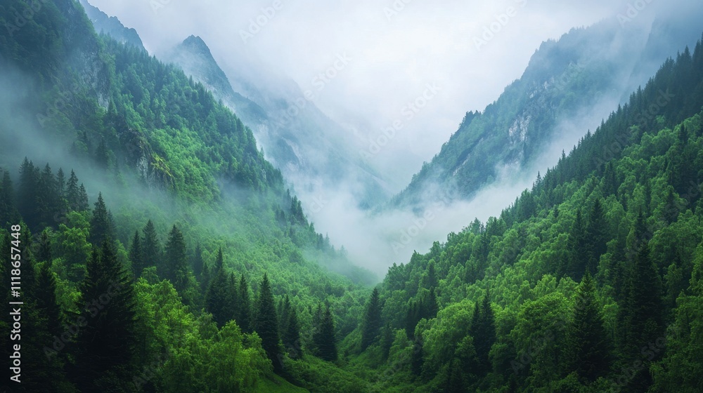 Fototapeta premium Misty valley surrounded by rugged mountains