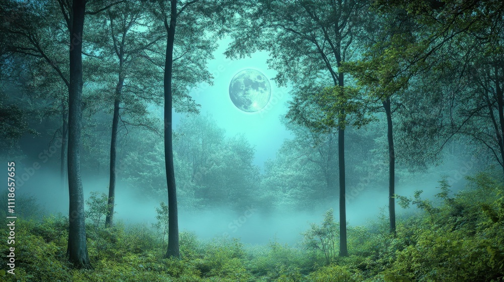 Moonlit mystical forest with thick foliage Moonlit mystical forest with thick foliage