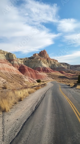 Desert Road to Painted Cliffs: A scenic highway winds through a breathtaking desert landscape, leading towards vibrant, colorful cliffs under a partly cloudy sky.