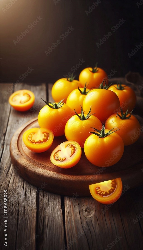 Fresh Yellow Tomatoes on a Wooden Cutting Board Fresh Yellow Tomatoes on a Wooden Cutting Board