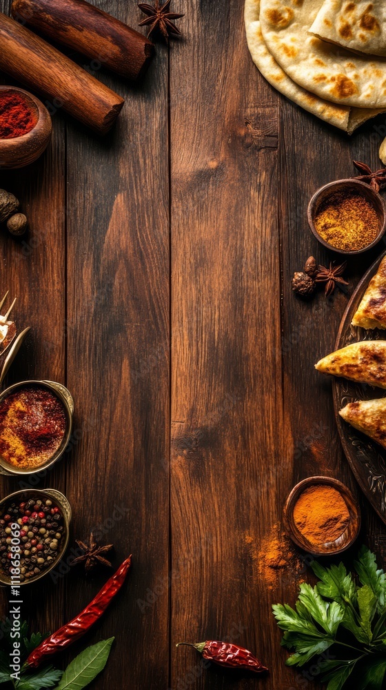 Aromatic Indian Cuisine: A rustic, overhead shot showcases a delectable spread of Indian flatbreads and spices on a rich, dark wooden surface. Aromatic Indian Cuisine: A rustic, overhead shot showcases a delectable spread of Indian flatbreads and spices on a rich, dark wooden surface.