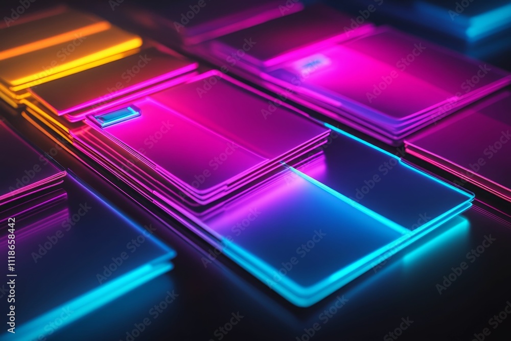 Neon-lit, layered, geometric shapes, vibrant colors. Neon-lit, layered, geometric shapes, vibrant colors.