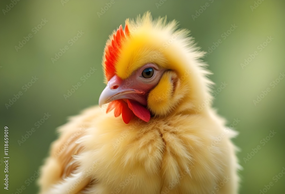 A close-up portrait of a chick with a vibrant red comb and wattle, against a blurred green background A close-up portrait of a chick with a vibrant red comb and wattle, against a blurred green background