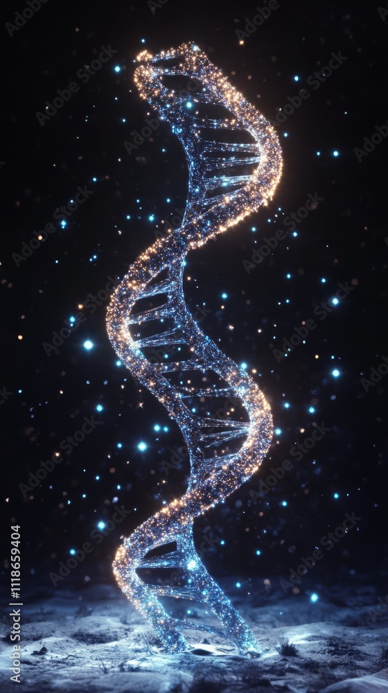 Cosmic DNA: A mesmerizing 3D rendering of a DNA double helix illuminated by ethereal particles, symbolizing the intricate nature of life and the cosmos. The image evokes a sense of wonder, mystery. Cosmic DNA: A mesmerizing 3D rendering of a DNA double helix illuminated by ethereal particles, symbolizing the intricate nature of life and the cosmos. The image evokes a sense of wonder, mystery.