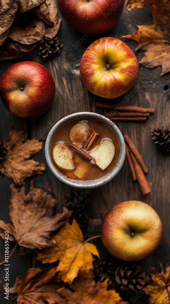 Apple Cider Cinnamon Delight: A warm and inviting bowl of apple cider with cinnamon sticks and apple slices, surrounded by autumn leaves, pinecones, and apples. Cozy and comforting. Apple Cider Cinnamon Delight: A warm and inviting bowl of apple cider with cinnamon sticks and apple slices, surrounded by autumn leaves, pinecones, and apples. Cozy and comforting.