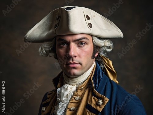 Closeup of a man wearing traditional 1776 attire, including a tricorn hat, ornate colonial coat, and ruffled cravat, symbolizing revolutionary America